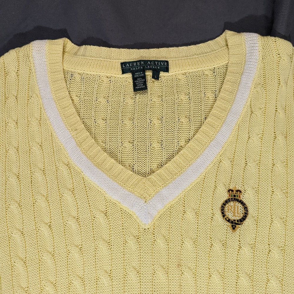 Lauren Active | Women's Cable Knit Cotton V-Neck Sweater Yellow Large - Picture 3 of 4